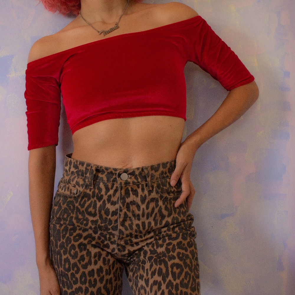 Over the should red velvet crop top
